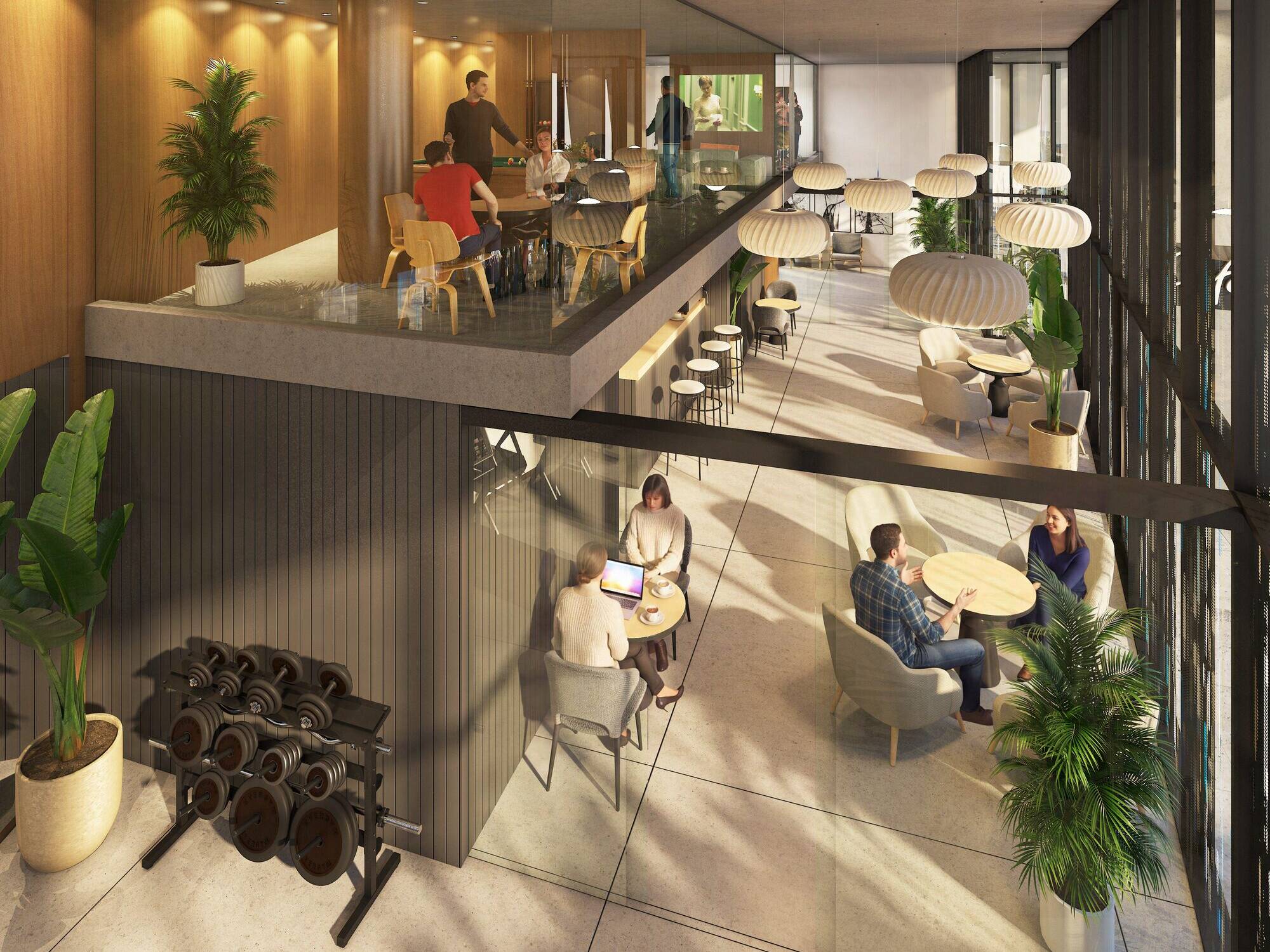 Cafeteria doble altura del nuevo edificio AVIT de Foquier Desarrollos